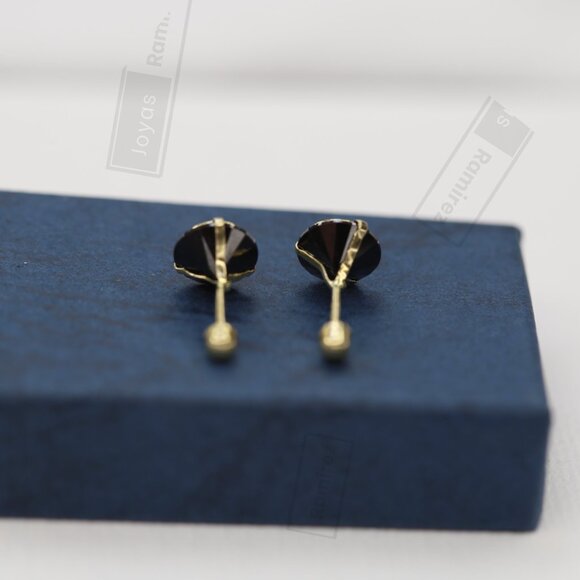 14K Solid Gold Round Stud Earrings With Black Zirconia • Fine Jewelry. - Picture 5 of 6